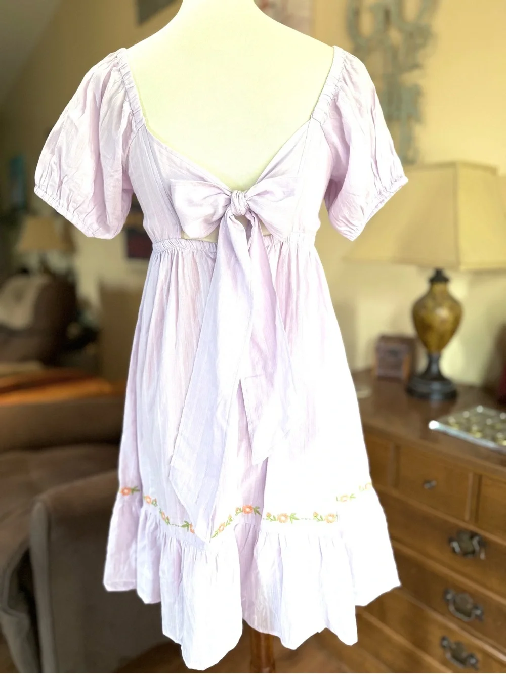 NWT Lilac Square-Neck Puff Sleeve Mini Dress - Picture 6 of 7